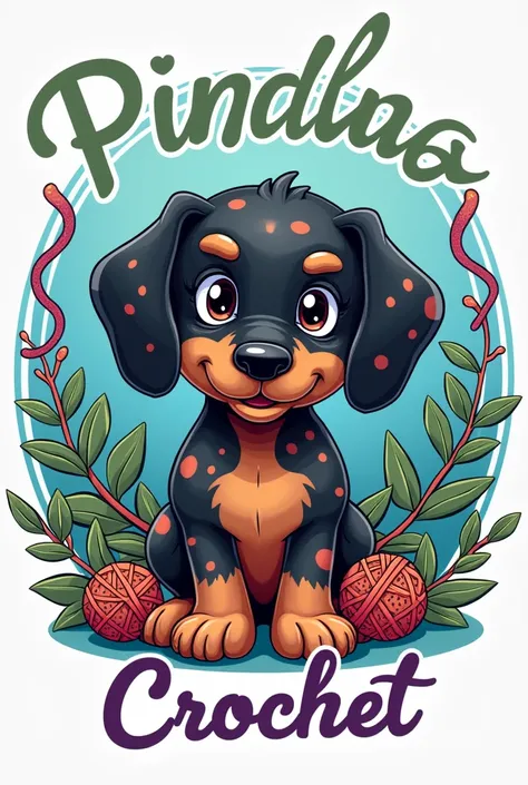 Create a logo for a store called Pinha Crochet which is about crochet .
 Remember that Pinha is a little black sausage dog with light brown spots
Use crochet elements, Can you use blue green or purple 