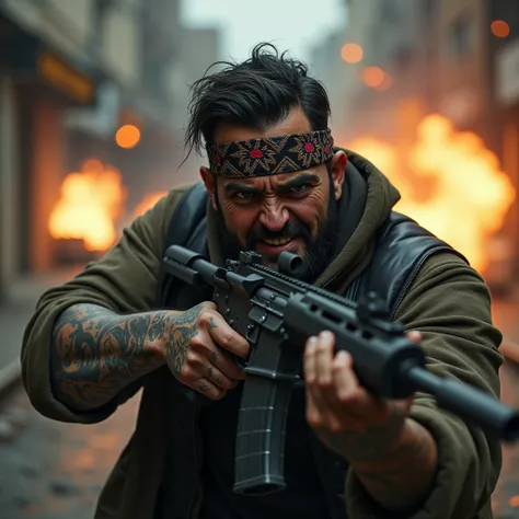 An angry thug wearing a headband as a mask with a badly tattooed face,  holding gun rifle shooting , In the background shooting scene  