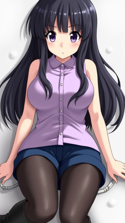 1girl, close up of face, adult, Hinata Hyuga, the last, shy girl, long black hair, blunt bangs, dark hair, Voluminous hair, lavender eyes, no pupils, Lavender Sleeveless Blouse, long black boots, navy blue shorts, Black translucent stockings, holster, band...