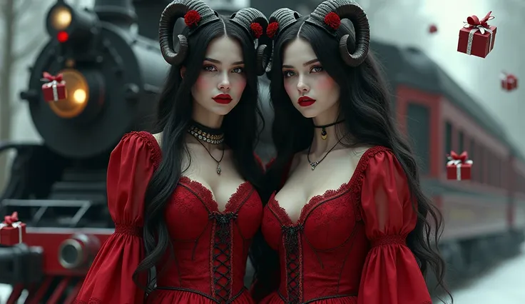  Create an ultra realistic full body image of 2 beautiful 18-year-old women,  wearing antique gothic style red 1800 dress , the skin of the branch is pale, black Christmas hat on her head , long black hair, gothic,  sheep horns on the head ,  big boobs, hu...