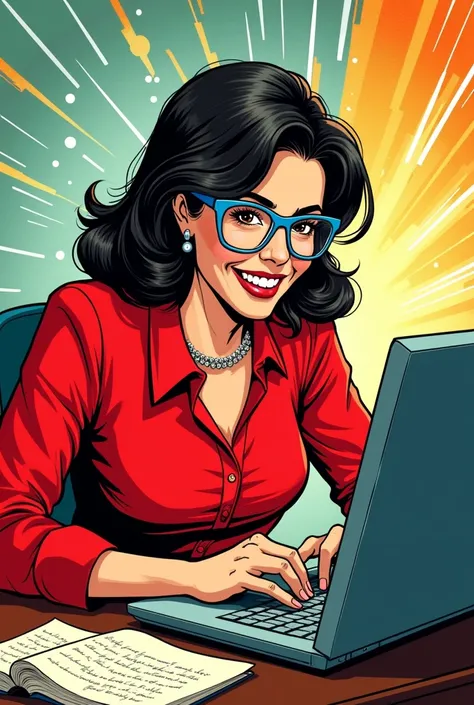  Make a woman wearing blue glasses ,  brown eyes , Dark hair big black about 50 years old jovial and red blouse,  sending an e-mail through the computer , comic book image 
