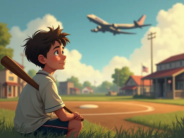  boy , sitting,  In a small town , dreaming of baseball ,  with a bat in his hand,  Short Hair ,  high resolution,  depth of field , smile,  American plane, 