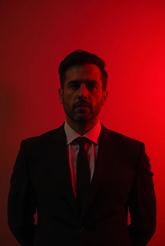 an intelligent and rich man,  wearing a suit, The scene has a red tone  