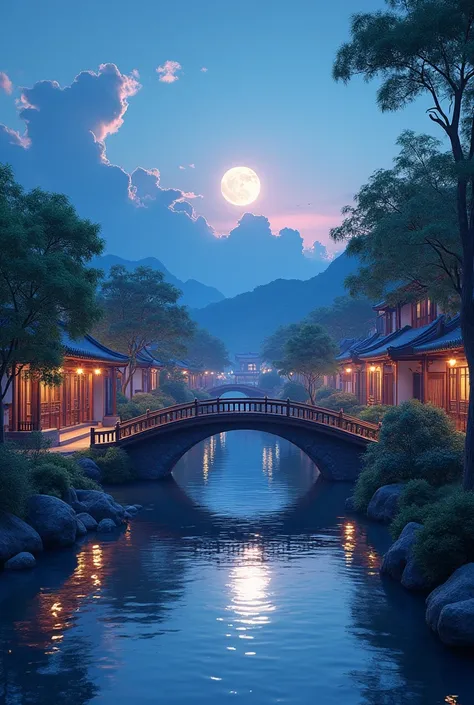 (masutepiece, Best Quality, Illustration, Fine detail), ((Very detailed CG Unity 8K wallpaper, High resolution)), High color saturation, low brightness, concept-art, ((unmanned)), (landscape), (small bridge flowing water), (Gangnam Water Town), skyporn, Ni...