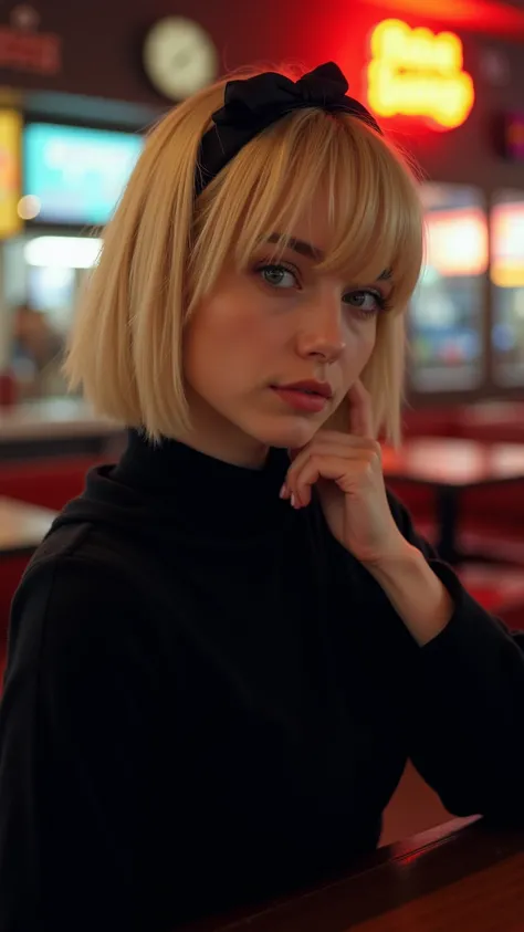  Young woman ,Blonde short hair Lasio and fringe  ,  in black sweater and black headband posing for a photo, ), ,  at night, Portrait of ,  as an android,  at a diner,  In a black coat , dressed .