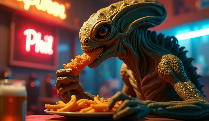 A highly detailed photo-realistic alien creature, hyper-realistic, eating chicharrón, holding a beer can, dramatic lighting, cinematic composition, intricate details, complex textures, 4k, 8k, ultra-detailed, masterpiece, realistic, photorealistic, sharp f...