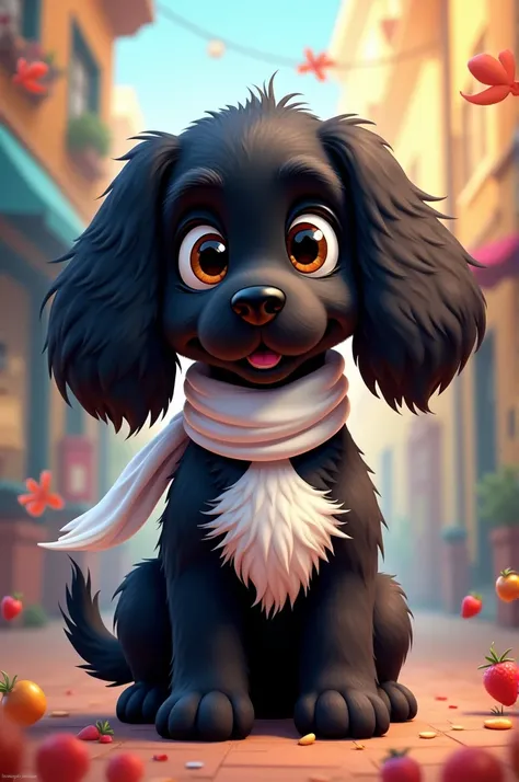  Disney Pixar style cover  ,  a black Cocker Spaniel dog with a white breast , with a white scarf  