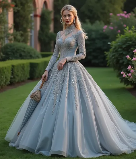 (masterpiece,Highest quality,Ultra-high resolution), full body shot,  full body photography,  a European woman is wearing a high closed and  long sleeved  turtleneck  satin dress with a parasol in a garden,  wears a gray ball gown is decorated with many cr...