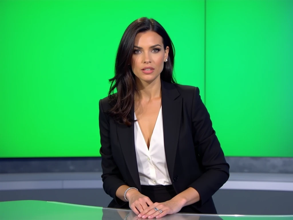 A female news anchor is sitting at a desk in a modern news studio, directly facing the camera. She has dark hair, captivating green eyes, and an attractive, confident presence. She is dressed in a blazer, white shirt, and black mini skirt, with a stylish a...