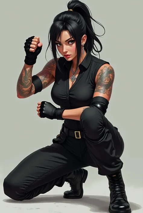 woman,  with long black hair ,  ponytail , defined body and a dragon tattoo on the arm ,  dressed in a black blouse , black military pants and boot ,  fighting position, look,  wearing knee and elbow protector and a glove on the hands 