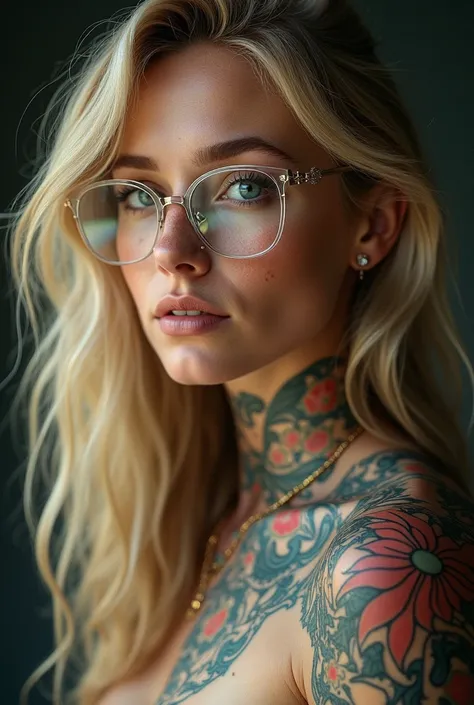 a beautiful female with long blonde hairstyle, clear glasses , thick with tattoos, and a nose piercing, and freckles