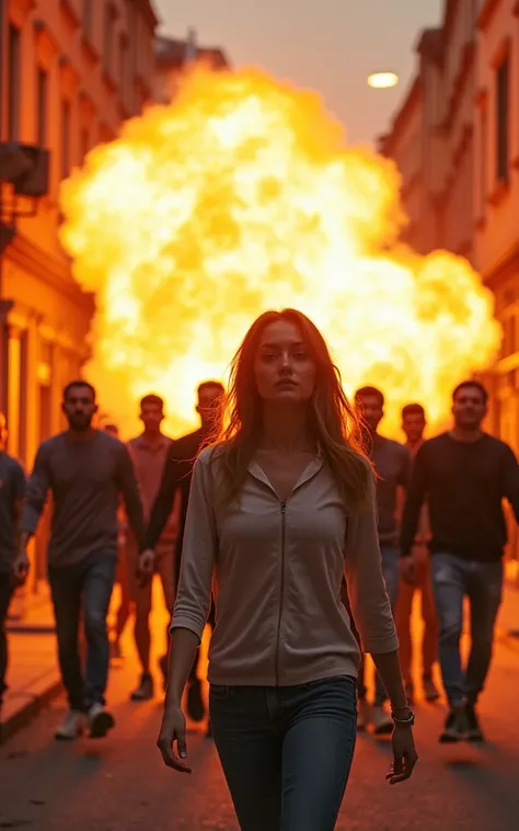 Create an action and adrenaline cover , Small explosion ,  has warm colors and that 8 people come out 7 men and a woman who is walking to the front ,  the scene takes place on the street in the background of buildings