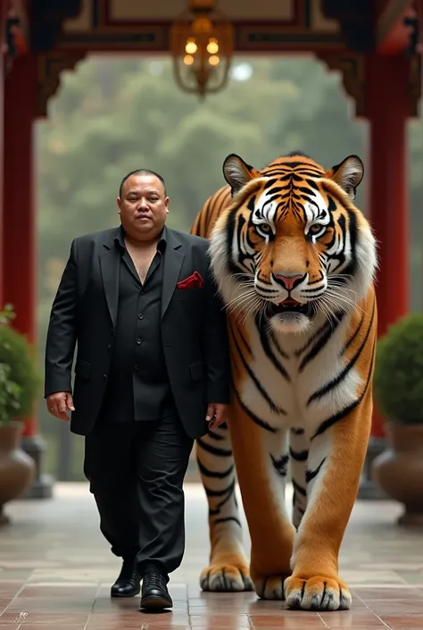 a man wearing a black jazz dark red blazer long black pants  ,guy has a slightly chubby body facing the camera standing up strapping looks up legs are walking next to the man hand in hand there is a giant tiger and facing directly at the camera , tiger is ...