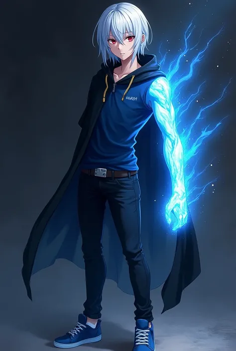 anime guy,  with white shoulder length hair , left eye red, right eye is yellow,  indifferent facial expression ,  with insensitive ,  in the background of . dark blue shirt ,  Black Cloak, black jeans,  blue sneakers, blue energy covers his entire right a...