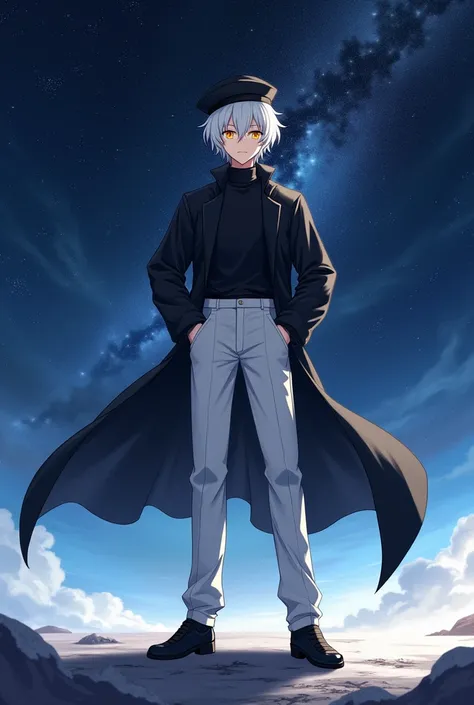 highly detailed, anime male character, wearing a black sailor hat, short white hair, yellow eyes, fair skin, smiling, black shirt, black coat, long white pants, black shoes, 1.80m tall, standing in outer space background, cool and confident expression, cin...