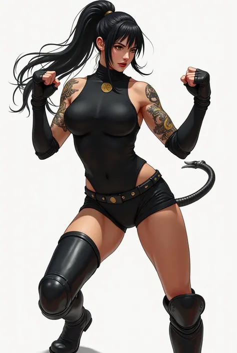 woman,  with long black hair ,  ponytail , defined body and a dragon tattoo on the arm ,  dressed in a black blouse , black short and boot ,  fighting position, look,  wearing knee and elbow protector and a glove on the hands 