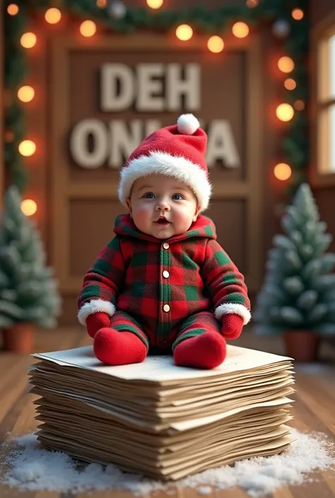 
baby, Christmas clothes, sitting on top of a lot of digital certificates, you can&#39;t see his face, sign "DEH Online" , Christmas background