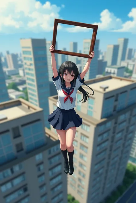 A schoolgirl holding a wall frame with her legs facing down on the roof of a building and hanging with arm strength 