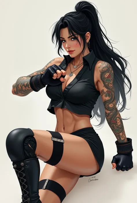 woman,  with long black hair ,  ponytail , defined body and a dragon tattoo on the arm ,  dressed in a black blouse , black short and boot ,  fighting position, look,  wearing knee and elbow protector and a glove on the hands 