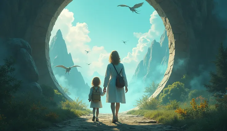 Leaving a dimensional portal, a woman scientist next to her young self, calmly seeing a fantasy landscape where you can see dragons flying, mountains and islands in the sky and a magical forest 