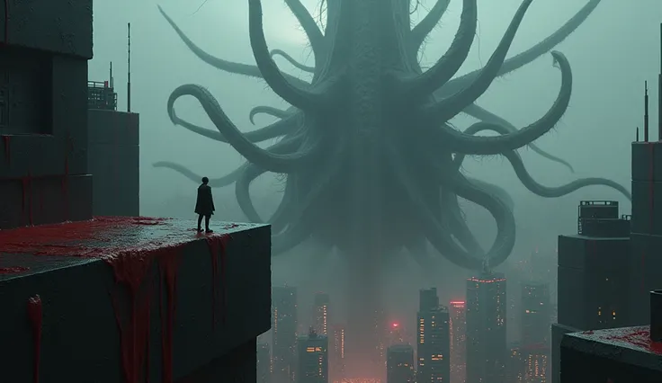 (((Cthulhu Mythos))),((Blood,Bloody)),Best quality, Masterpiece, A high resolution,extremely detailed CG wallpaper,Modern City,More details,(Stand on a tall building),(Black tentacles),(blood vess),kesulu