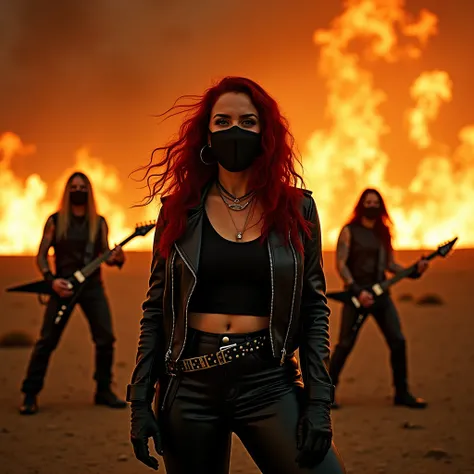 There is a burning scene, right in the background and far from the camera there is a metal band there with 4 people, they wear masks, the vocalist is a fat, mature woman with red hair, they all wear leather clothes in the Mad Max style. They are far from t...