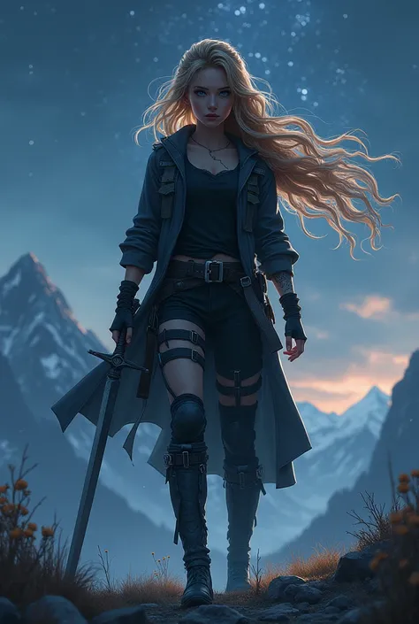   A beautiful girl with wavy ,  long golden brown hair ,  that is braided into a braid and blows in the wind  .   She is standing on a mountain and it is night and the stars are shining  .   She is wearing black combat clothes and holds a sword in her left...