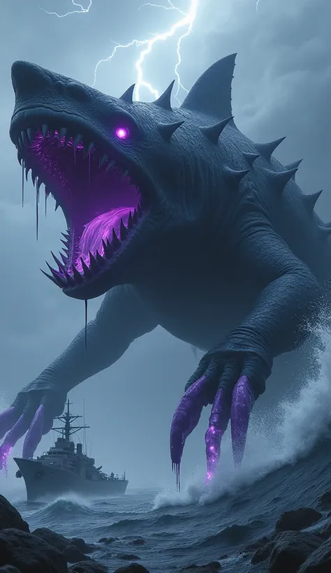 A giant, scary hybrid monster shark made entirely of darkness, its body would be entirely black, with some purple details and lights that would seem to come from inside its body outwards, it would have the body of a scary all-black Shark covered in black s...