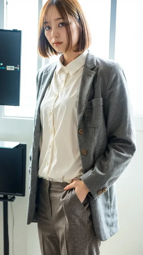 [A confident model], [short blonde hair, wearing a modern black suit], [standing with hands in pockets, facing the camera directly], [head-on view, full-body shot, centered composition], [studio lighting, ultra-sharp, professional quality]