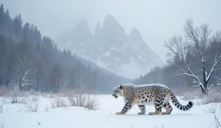 A snowy, winter landscape with many trees without leaves, no leaves on the trees.  In the background are mountain spires reaching up to the grey, wintry sky.  The wind howls across the landscape blowing clouds of snow and sleet, whipping up little whirlwin...