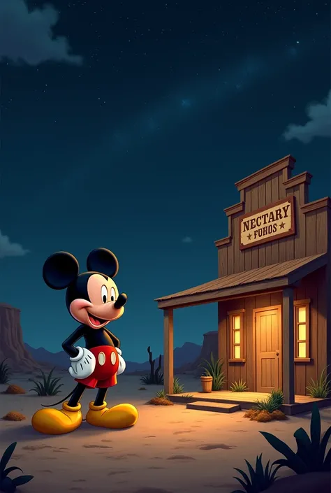  Mickey Mouse 　The weather is at night and the location is a Western-style building