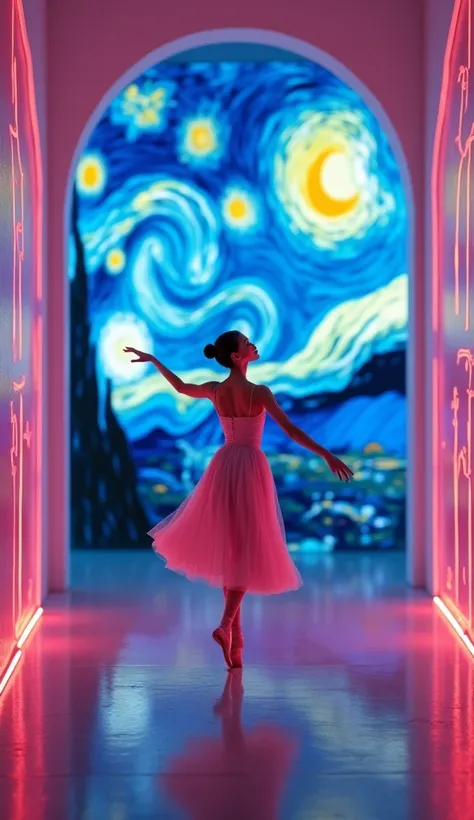 The image shows an unusual and vibrant interior scene defined by neon lights. A beautiful, 35-year-old ballerina dances ballet with a lot of melancholy, in a three-dimensional room with Van Goghs Starry Night in neon, phosphorescent, on its walls. Surreal ...