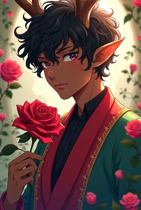 4K image with anime art, Where is there a handsome 24-year-old black man, hybrid deer ,  with an elf ear , curly and medium length hair, holding a red rose,  and wearing elegant prince clothing in red and green with purple details,  with subtle details of ...