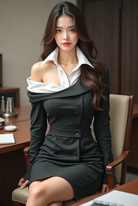 18 years old female, long hair, RAW photo, bokeh (realism: 1.4, realistic), high detailed, 8K, 1girl, solo, parted lips, office lady, off shoulder black blazer with white collared shirt on the inside, business suit, office room, night, desk, sitting on off...