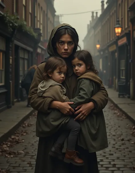 A poor young, beautiful woman and her two little daughters。19th Century London 