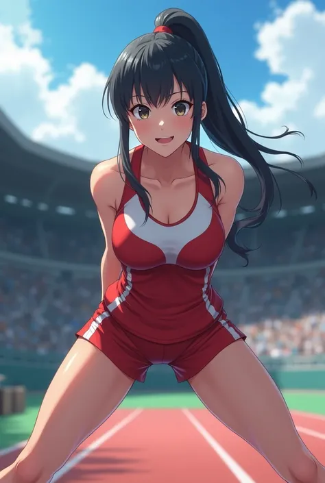  Japanese，Track and field club，Women， black hair， ponytail，10th Generation， big breasts，
Im wearing a uniform， high definition ,  very detailed ,  Ultra High Definition, Leg spread，