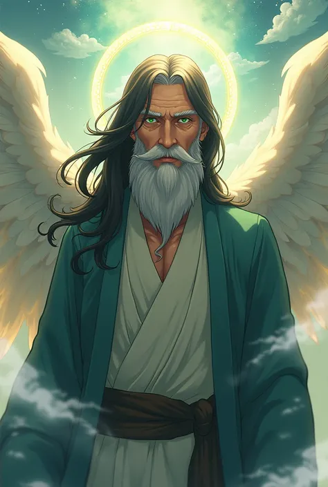 I want an angel man at an old age, in anime form,  with black hair ,  green eyes