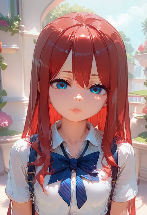 ((high quality)), ((anime girl)), ((wide shot)), ((loli girl)), ((summer season)), ((beautiful garden)), beautiful girl, beautiful body details, flat chest, school uniform, beautiful eyes, blue eyes, long hair, red hair