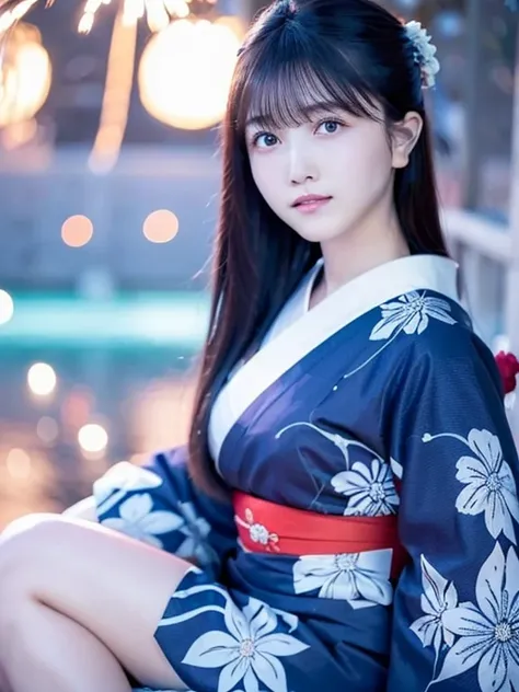 ((  Masterpiece , top quality,  Ultra High Definition,  is high definition)), 4K. Alone,  beautiful girl, 輝く瞳,  perfect eyes, Beautiful Japanese sisters, Blue Theme, Yukata, The background is fireworks launched at night