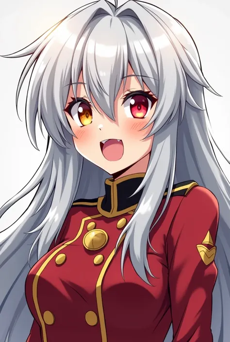 Background Pesillos de la U . A anime style MY ACADEMIC HERO wears the uniform of the U . With white hair  largo y desordenado one eye red and the other yellow expression open mouth serrated eyes happy