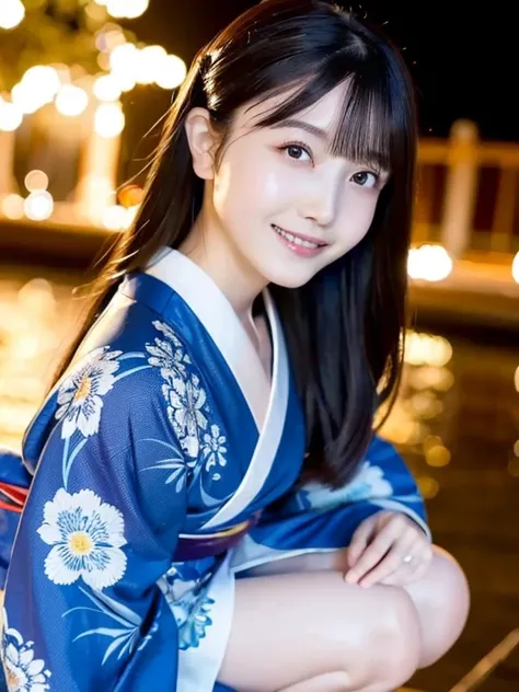 ((  Masterpiece , top quality,  Ultra High Definition,  is high definition)), 4K. Alone,  beautiful girl, 輝く瞳,  perfect eyes, Beautiful Japanese sisters, Blue Theme, Yukata, The background is fireworks launched at night((,smile、Free pose、))