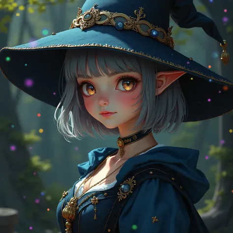 (  Masterpiece ), (Artwork), ( great work), ( detail eyes), ( Delicate Skin), ( odd-eye), (Multicolor), ( short gray hair with bangs ), (  Sparkling Eyes  ), ( 1 girl)  wear a witch hat, Ancient, old,  wear a gorgeous medieval costume,   Masterpiece ,  top...