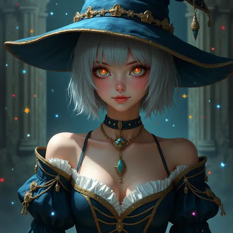 (  Masterpiece ), (Artwork), ( great work), ( detail eyes), ( Delicate Skin), ( odd-eye), (Multicolor), ( short gray hair with bangs ), (  Sparkling Eyes  ), ( 1 girl)  wear a witch hat, Ancient, old,  wear a gorgeous medieval costume,   Masterpiece ,  top...