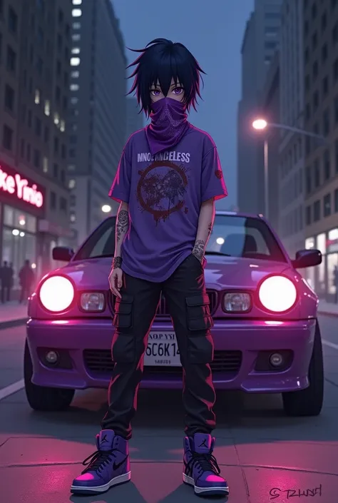 an emo ,  with hair like Sasuke Uchiha in purple ,  with purple eyes ,  with a purple bandana over her mouth ,  wearing a purple InnocenceLess t-shirt with bloodstains ,  with black tactical pants , wearing purple Air Jordans ,  with a purple lowrider shoo...