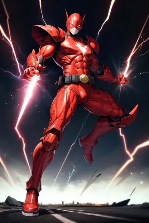 ((best quality)), ((masterpiece)), (detailed), 1 man, full body, 30s, black masks, red helmet that covers his entire head, smooth helmet, uncovered face, helmet with a flashlight on his forehead, black collar, tall and muscular, very large, red armor, 2 la...