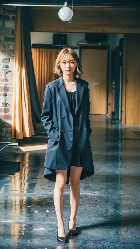 A confident girl look like model, short blonde hair, wearing a modern black suit, standing with hands in pockets, facing the camera directly, head-on view, full-body shot, centered composition, studio lighting, ultra-sharp, professional quality