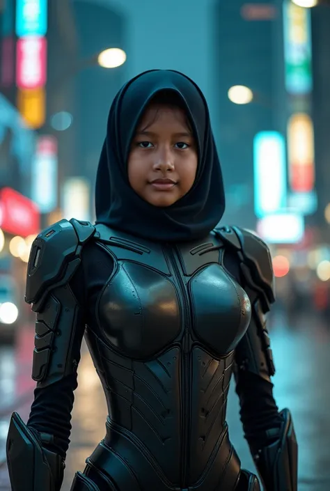 a malay teenage girl in hijab and mecha suit standing in action in front of bustling kuala lumpur malaysia city streets, serious face, nighttime, 35mm lens, Extreme close-up, pastel color grading, depth of field cinematography effect, film noir genre, 8k r...