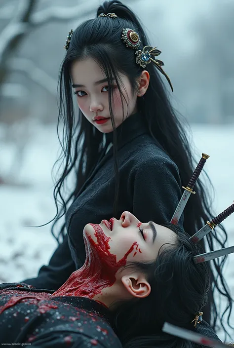 hight quality, Realistic, very cute beautiful girl, girl hair beauty accessories, snow, male full mask ninja, male die, male neck slashed, male neck bloody splash, several long knife stuck into male neck, a male, deadly girl, girl europe