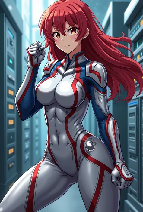   My Hero Academia Style ,   anime girl  , woman, young woman ,  full body shot ,( Fighting Stance :1.3), long hair, Red Hair,   Brown Eyes , hero suit, Full Body Suit, silver suit with red and blue details,  Perfect Anatomy  ,  enhanced abs , super detail...