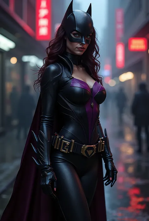 ((masterpiece, highest quality, Highest image quality, High resolution, Raw photo, 8K)), ((Extremely detailed CG unified 8k wallpaper)), batwoman in dark purple latex, black leather thigh high boots with 6 inch heels “full body portrait”, nsfw